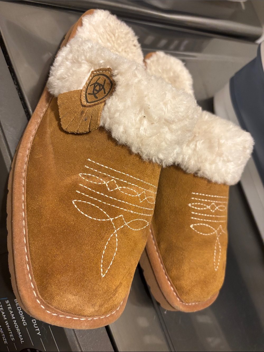 Ariat Tan Suede Slip-On Slippers with Cream Shearling Collar